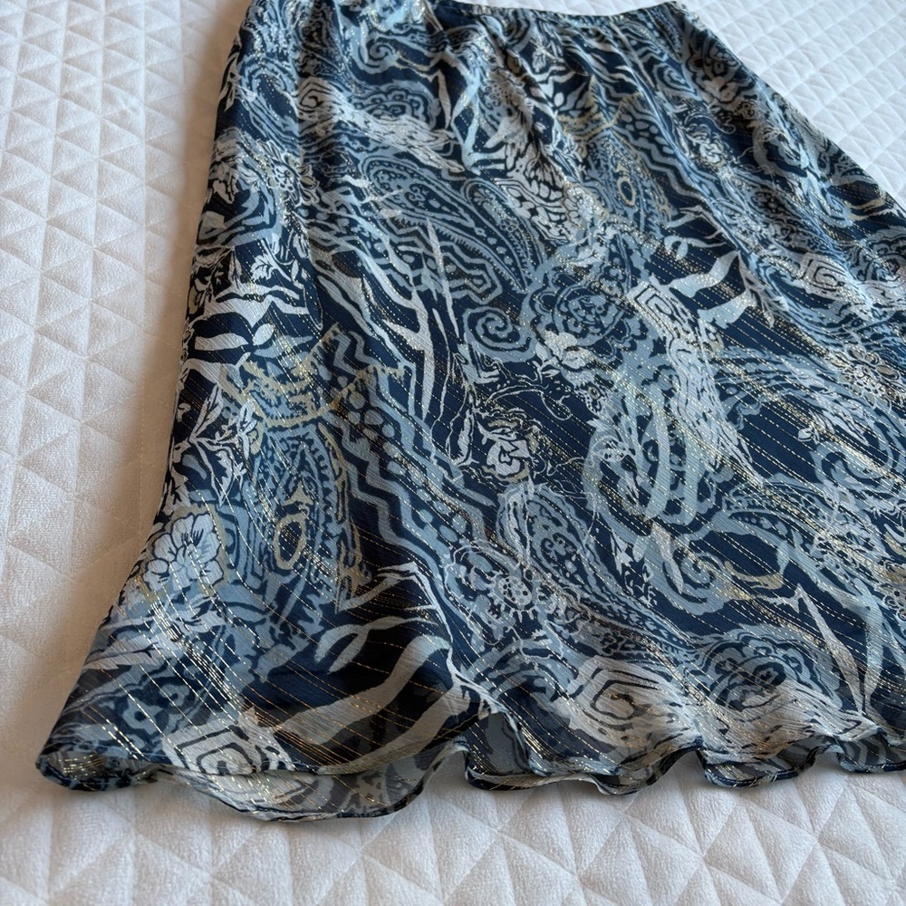 VTG Chadwick’s Silk A-Line Skirt Sz 12 Blue Gold Metallic Abstract Art To Wear - Picture 9 of 14